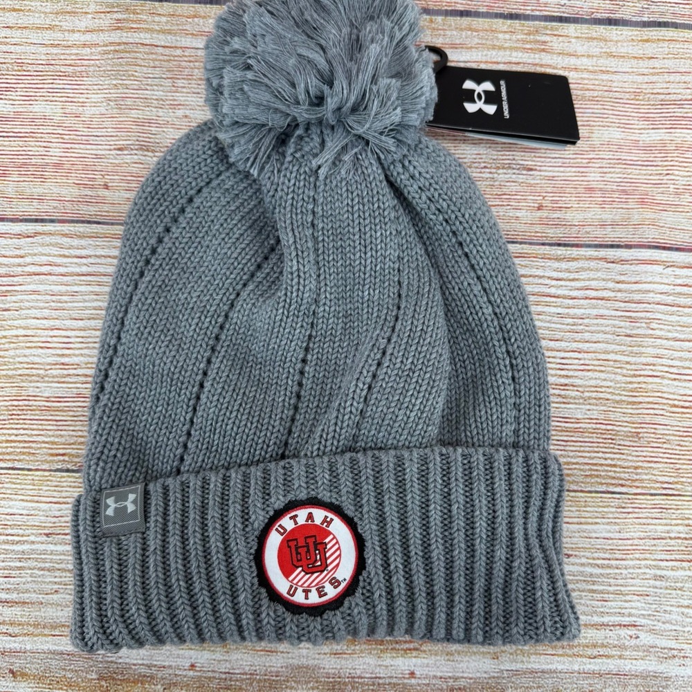 Under Armour Utah Utes Womens‎ Gray Pom Beanie Knit Hat Fleece Lined UH789W949H